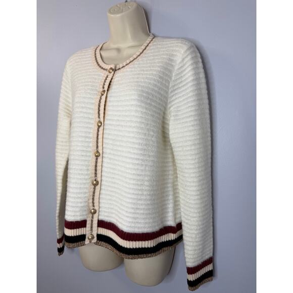 L’AGENCE Archer Cardigan Sweater Ivory Striped Gold Button Women's M - Picture 10 of 14